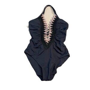 BECCA Standard Layla One Piece Swimsuit, Plunge Neck, Black, Small